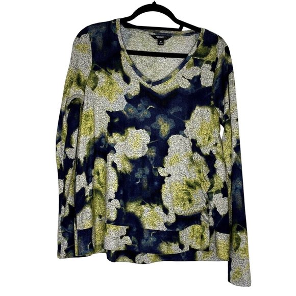 Simply Vera Sz M Gray Chartreuse Blue Floral Ruched V Neck Lightweight Sweater - Picture 1 of 10